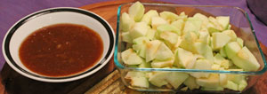 butter, sugar mix and chopped applesi//dough being moulded to dish