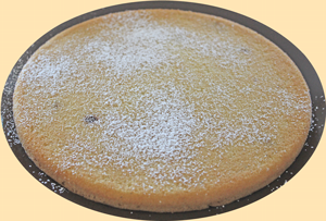 Bottom of cake sprinkled with icing sugar and dessicated coconut