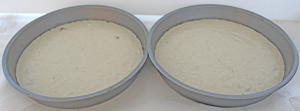 Cake batter in pans, Ready for oven